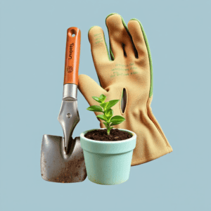 Tierra y plantas en un macetero con herramientas de jardinería y guantes de trabajo, símbolo de cuidado y crecimiento de plantas.