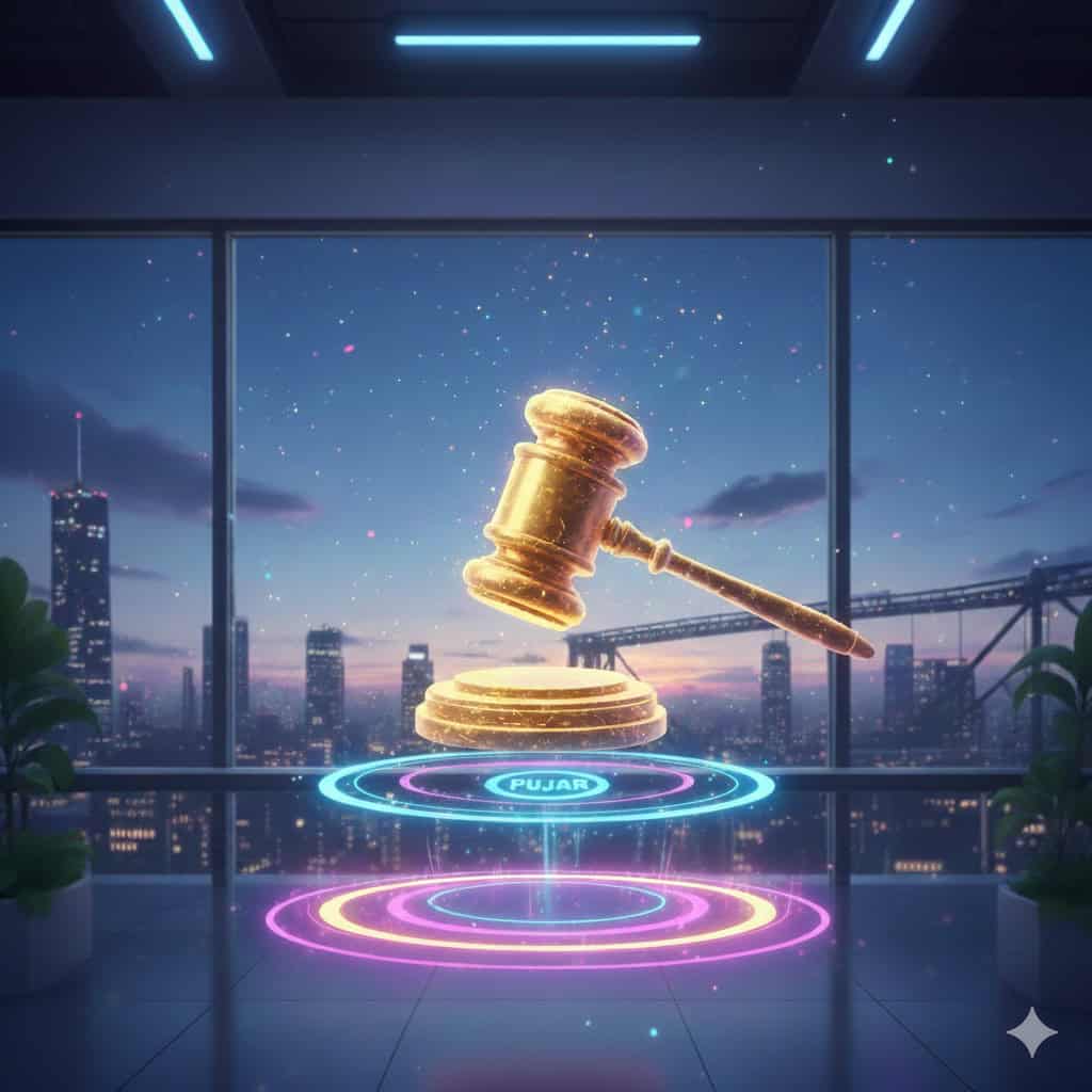 Juez de balanza de blockchain en un entorno digital futurista.