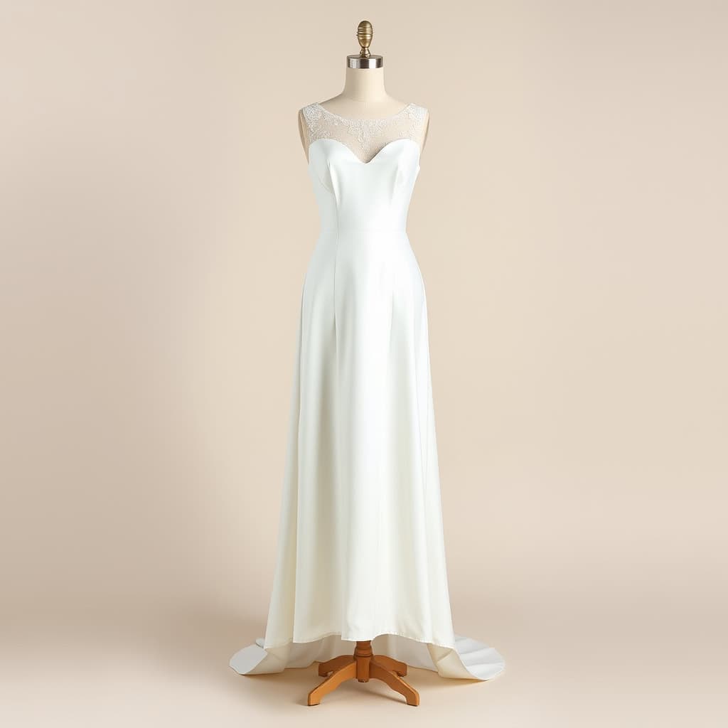 Vestido de novia largo y elegante con encaje en la parte superior y falda de seda brillante. Perfecto para bodas formales y modernas.