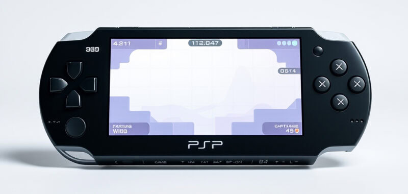 Jugar a videojuegos en una consola PSP portátil con pantalla brillante y controles integrados.