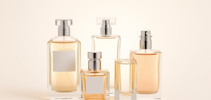 Perfumes elegantes en botellas de vidrio con fragancias variadas y sofisticadas.