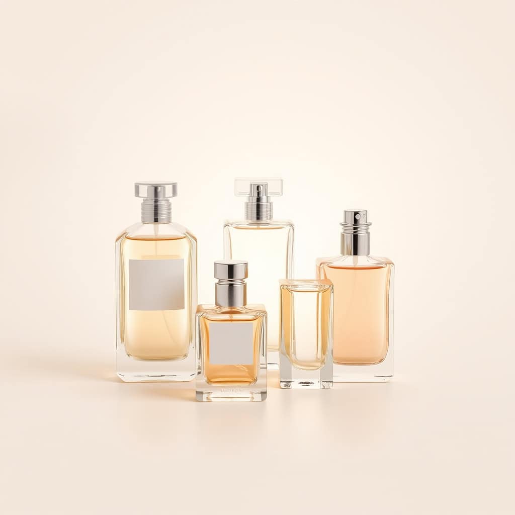 Perfumes en frascos de vidrio con etiquetas blancas, ideales para regalos y uso personal.